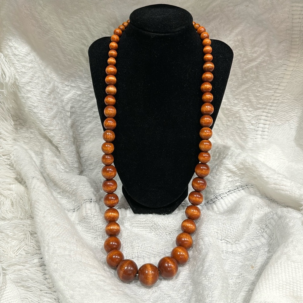 Wooden Bead necklace 1970’s long Bohemian Vintage Necklace
